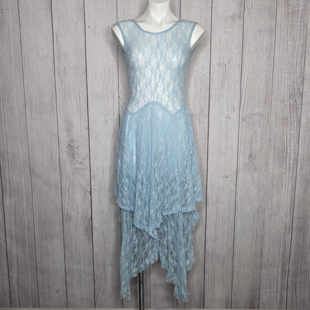ACEVOG Blue Lace Dress Sheer Handkerchief Hem Fairy Cosplay Romantic, Small